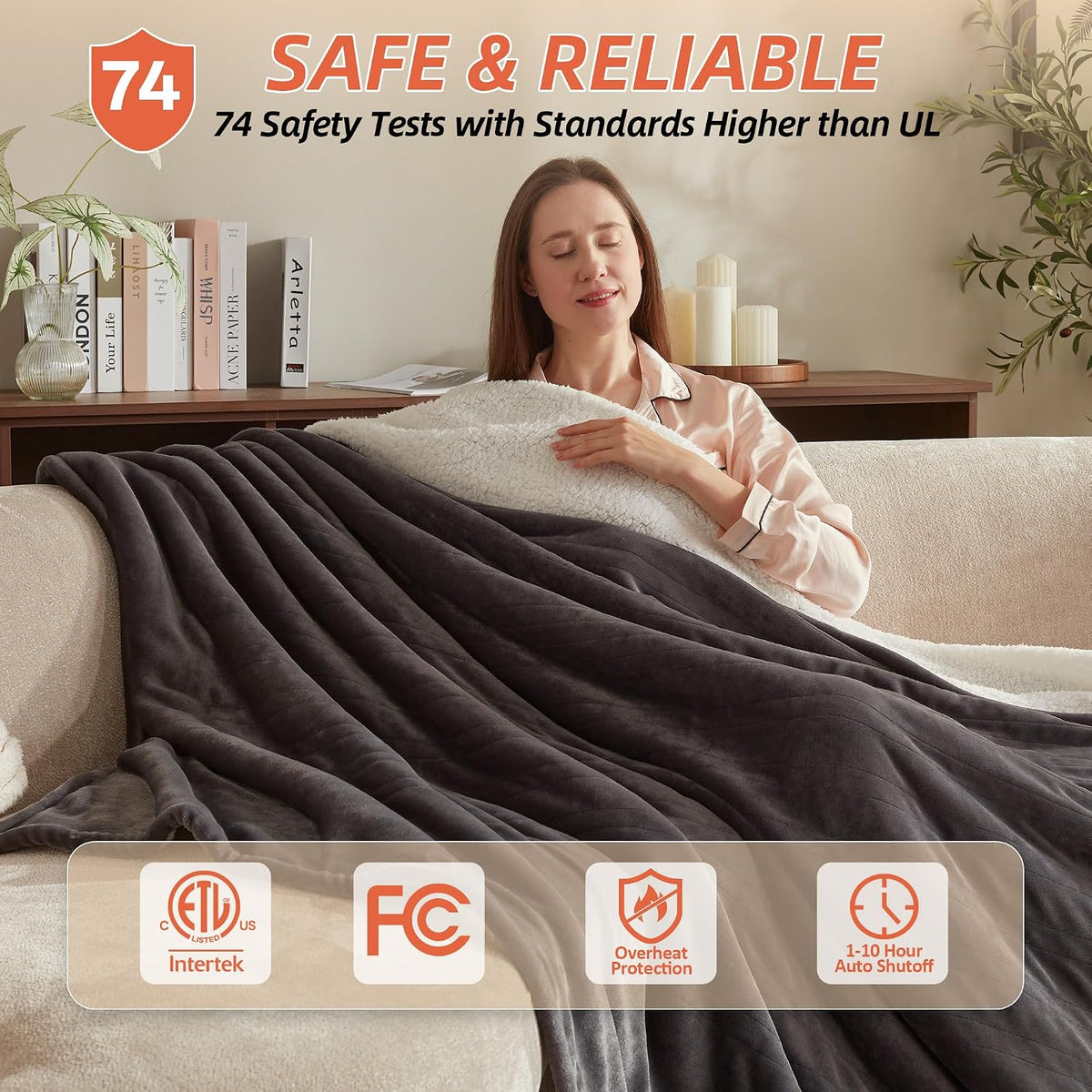Electric Heated Blanket,50"x60" Heating Throw Flannel London Grey