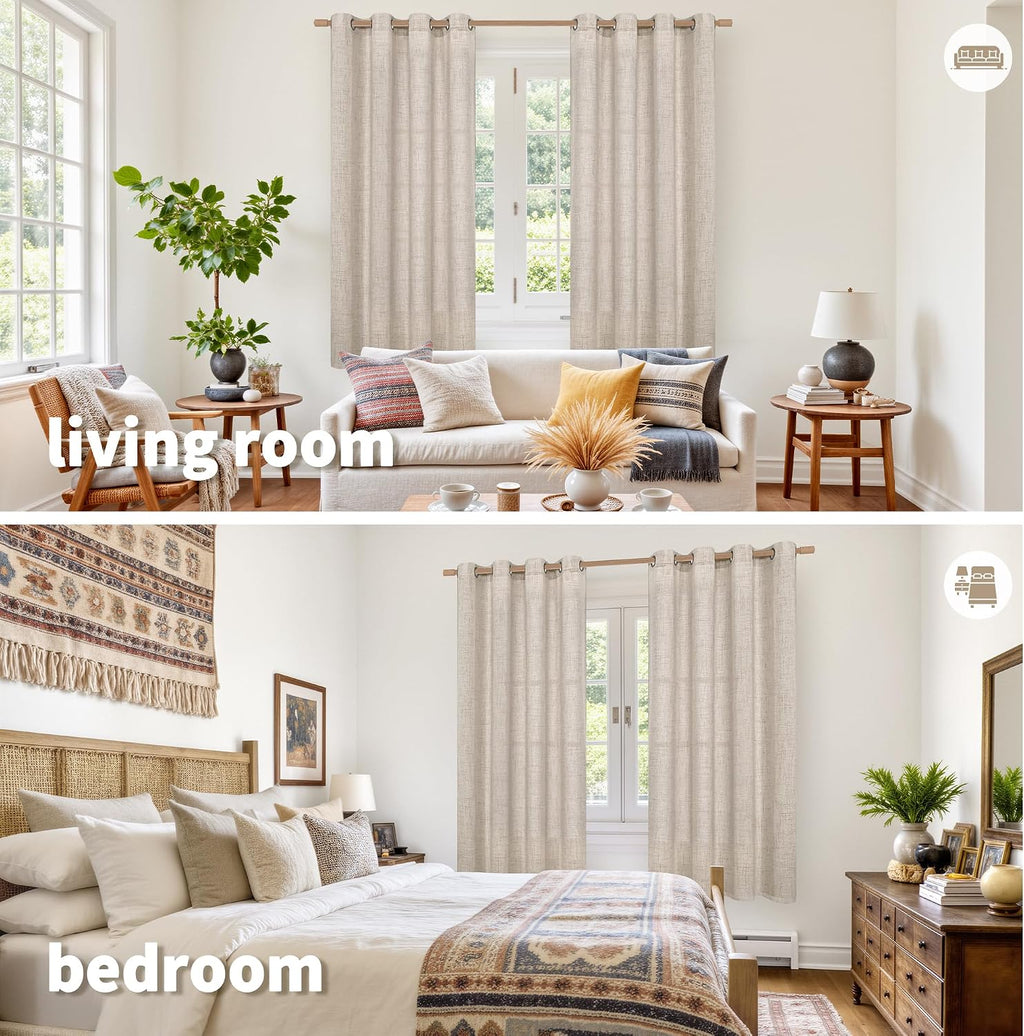 YoungsTex Linen Semi Sheer Curtains 63 Inch Length, Light Filtering Drapes
