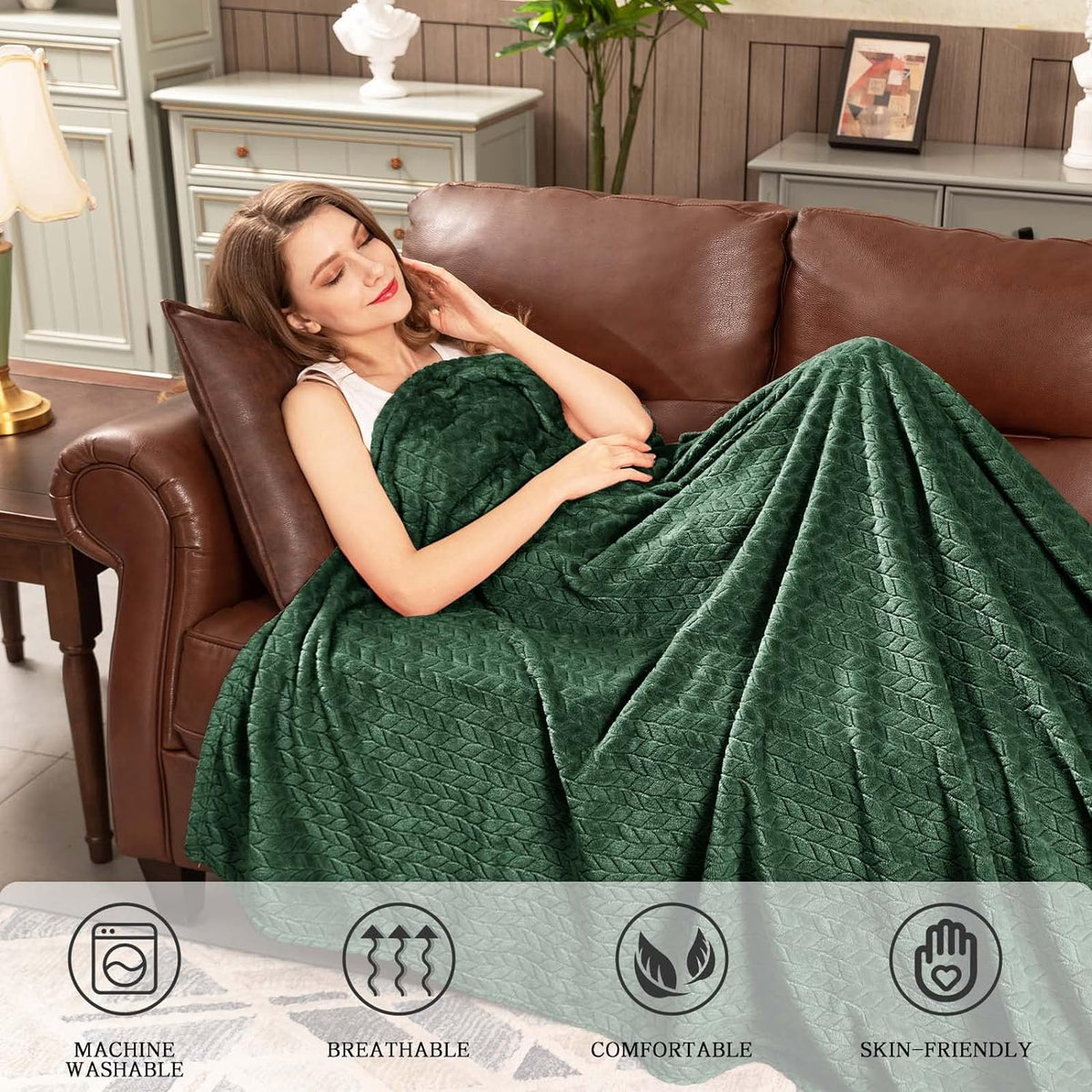 Inhand Fleece Throw Blanket, Super Soft Flannel Cozy for Adults, Washable Lightweight for Couch, Sofa, Bed, Office, Warm Plush for All Season, Green, 50"×60"