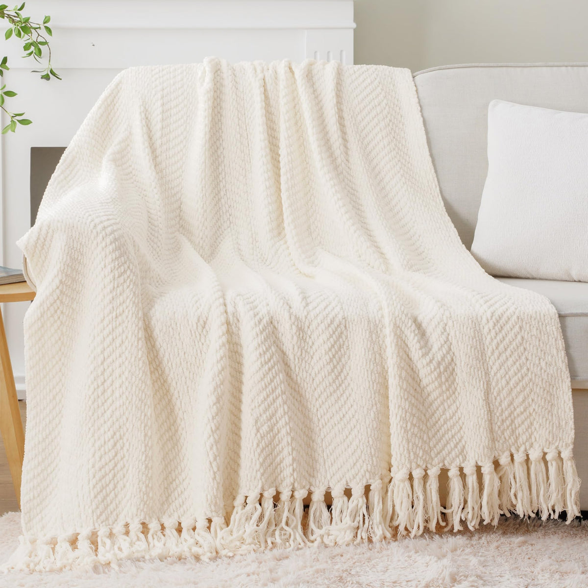 BATTILO HOME Beige Throw Blanket for Couch, Knitted Beige Throw for Bed, Neutral Throw Blankets Tan Throw Blanket for Room Decor Housewarming Gifts, 50" x 60"