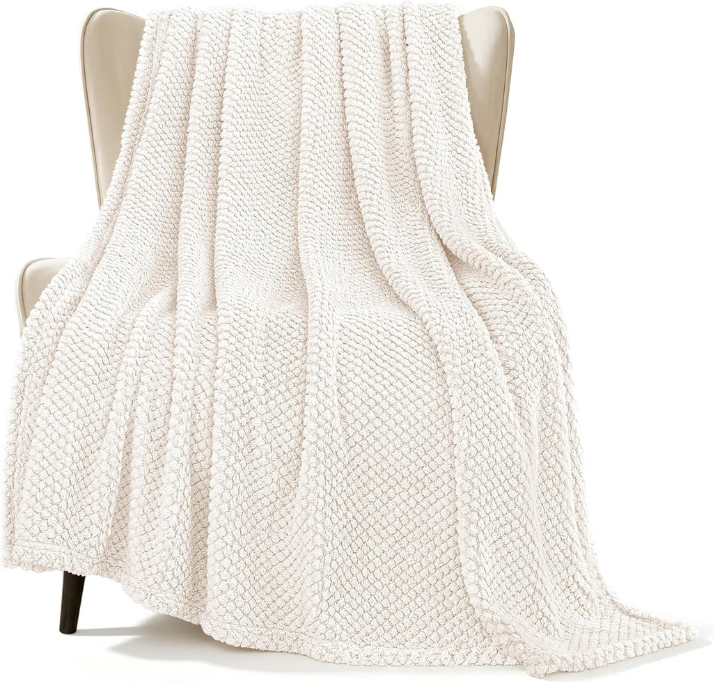 Whale Flotilla Extra Large Fuzzy Fleece Throw Blanket for Couch, 50x70 Inch Fluffy Warm Soft Jacquard Blankets for All Season, Lightweight and Cozy, Ivory