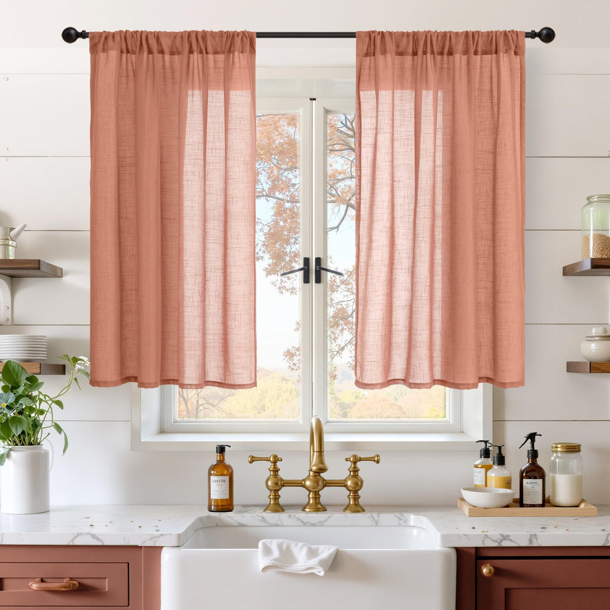 BGment Tan Linen Curtains 84 Inch Length 2 Panels Burlap Semi Sheer Drapes