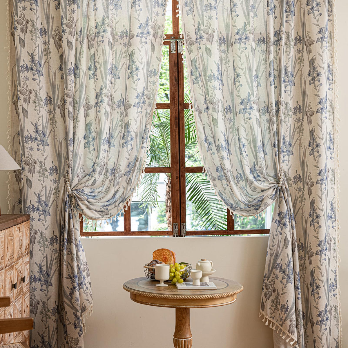 ENJOYBRIDAL Floral Curtains 84 Inch Long Living Room Boho Drapes Bedroom 2 Panels Semi Sheer Floor Length Window Curtain Panels Vintage Rod Pocket Tassel Farmhouse Nursery Window Treatments