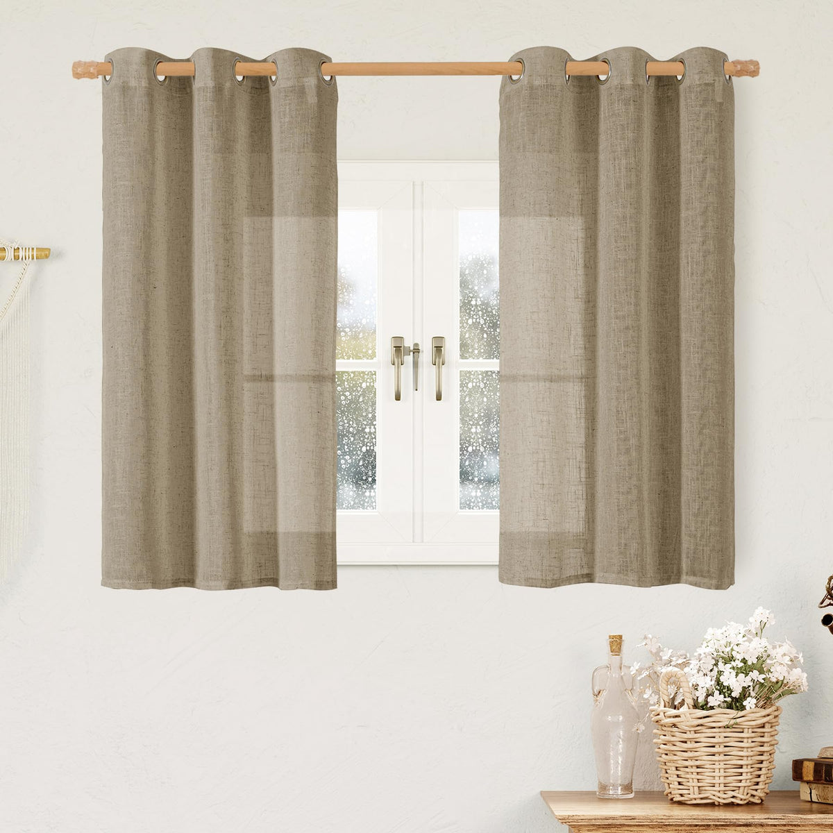 LAMIT Cream Ivory Linen Semi Sheer Curtains 84 inch Length for Bedroom