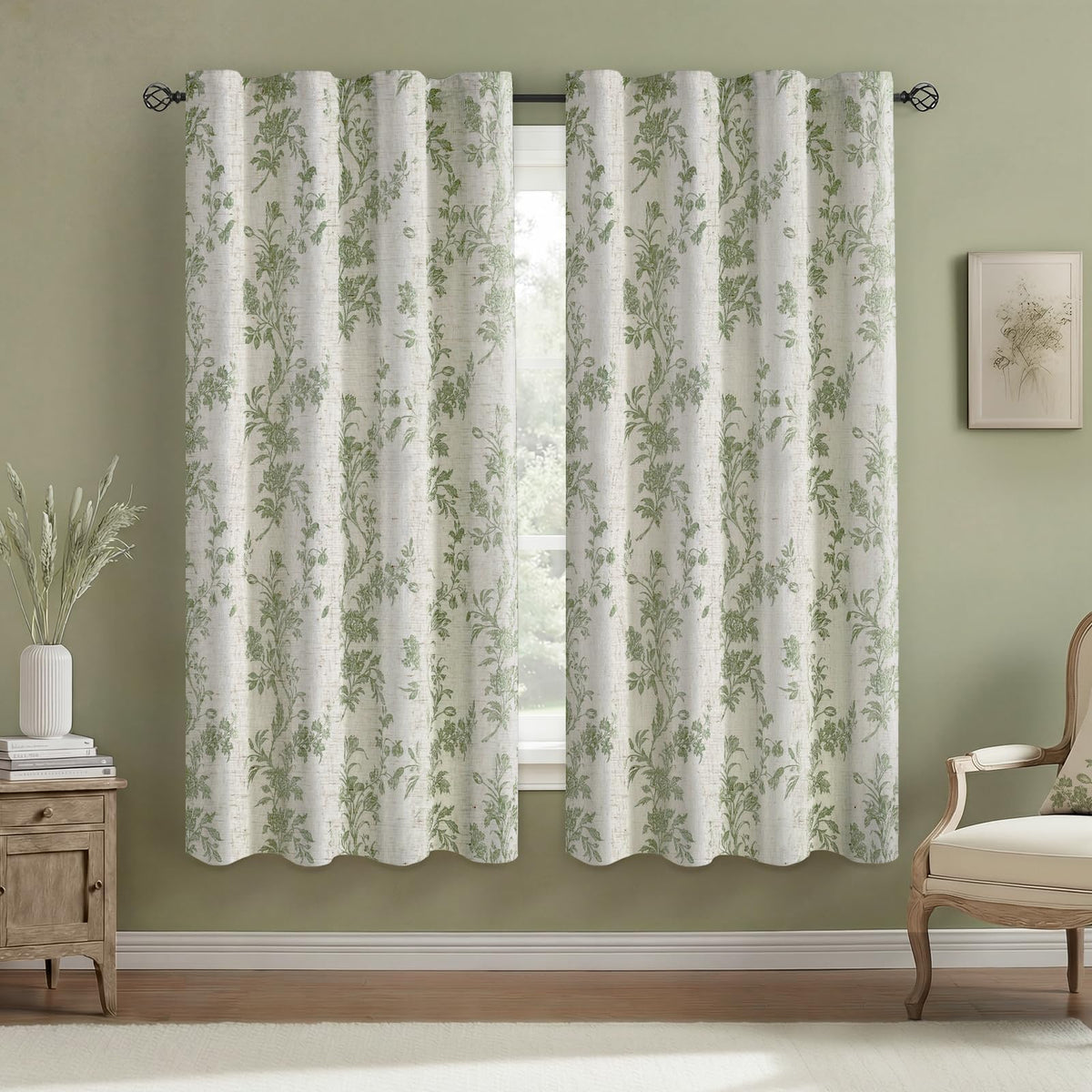 Boho Floral 100% Blackout Curtains 84 Inch 2 Panels Linen Texture