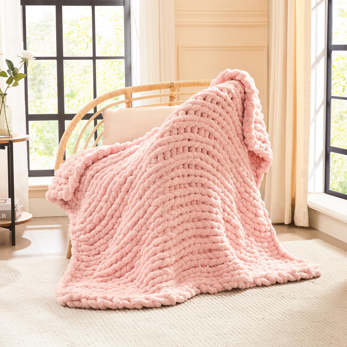 L'AGRATY Chunky Knit Throw Blanket for Couch, 50'' x 60'' Knit Throw, Ivory