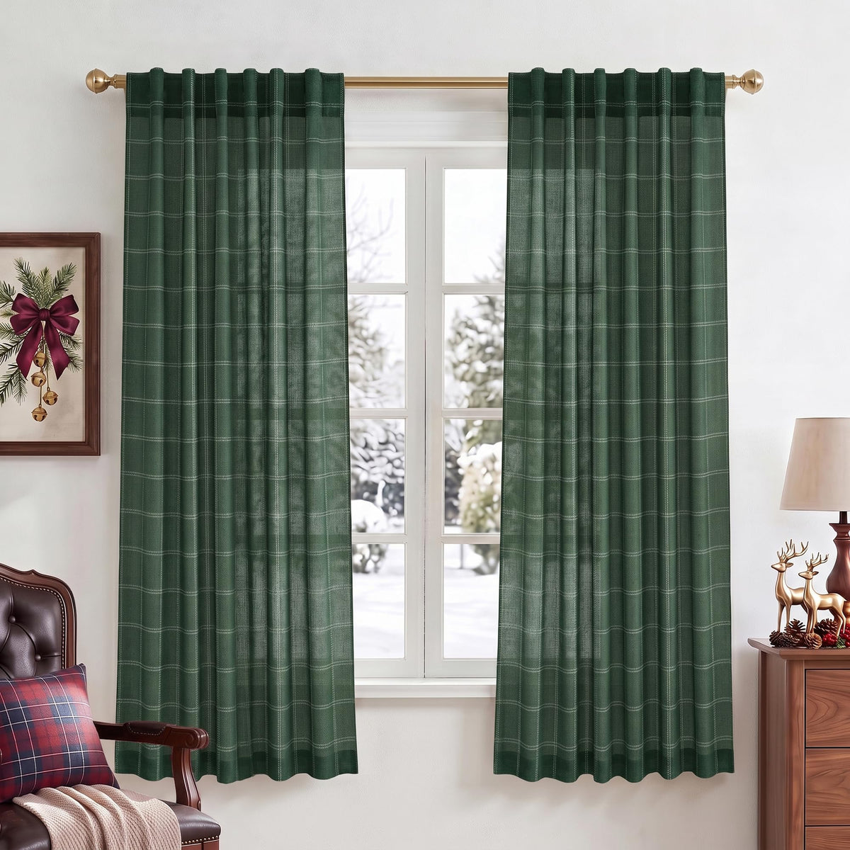 NICETOWN Moss Green Linen Plaid Curtains 96 inches Long for Bedroom