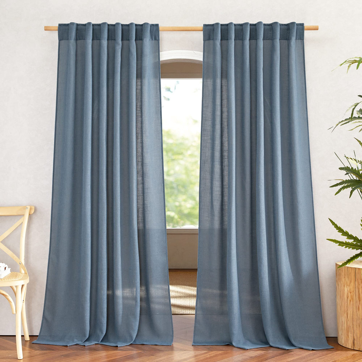 NICETOWN White Linen Sheer Curtains and Drapes 84 inches Long, Rod Pocket & Back Tab semitransparent with Light Through Vertical Window Treatments for Sliding Glass Door & Living Room, 52"W, Set of 2