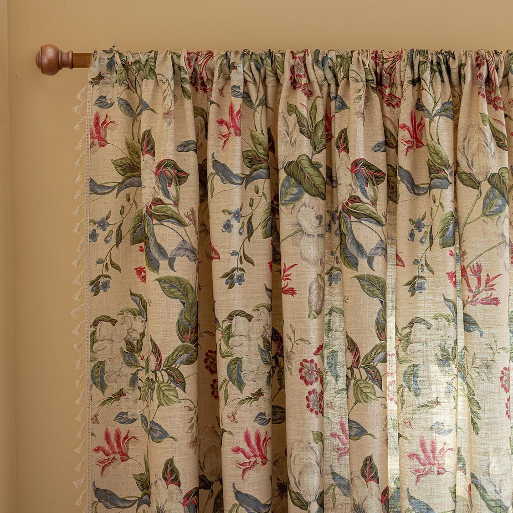 ENJOYBRIDAL Floral Curtains 84 Inch Long Living Room Boho Drapes Bedroom 2 Panels Semi Sheer Floor Length Window Curtain Panels Vintage Rod Pocket Tassel Farmhouse Nursery Window Treatments