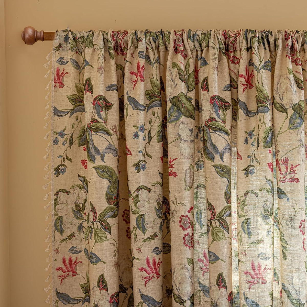 ENJOYBRIDAL Floral Curtains 84 Inch Long Living Room Boho Drapes Bedroom 2 Panels Semi Sheer Floor Length Window Curtain Panels Vintage Rod Pocket Tassel Farmhouse Nursery Window Treatments