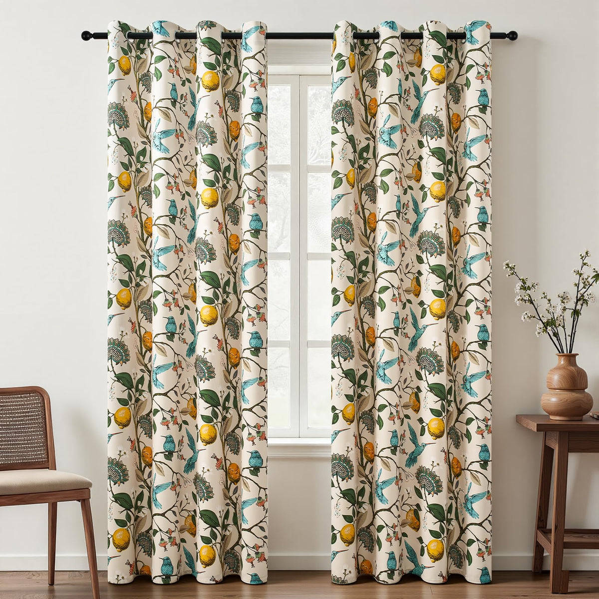 Topfinel Mustard Yellow Vintage Curtains & Drapes 84 Inches Long, Grommet Luxury Whimsical Floral Lemon Hummingbird Patterned Waverly Mid Century Colorful Blackout Drapes for Living Room Bedroom
