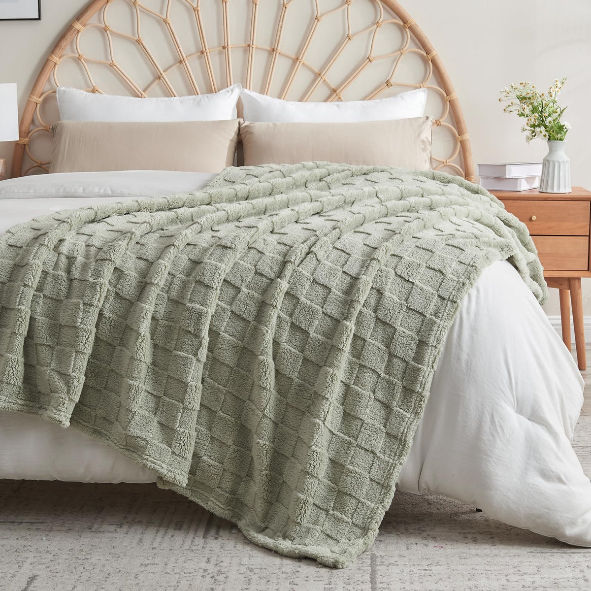 NEWCOSPLAY 3D Checkered Flannel Throw Blanket, Ivory Checkered, 50"x70"