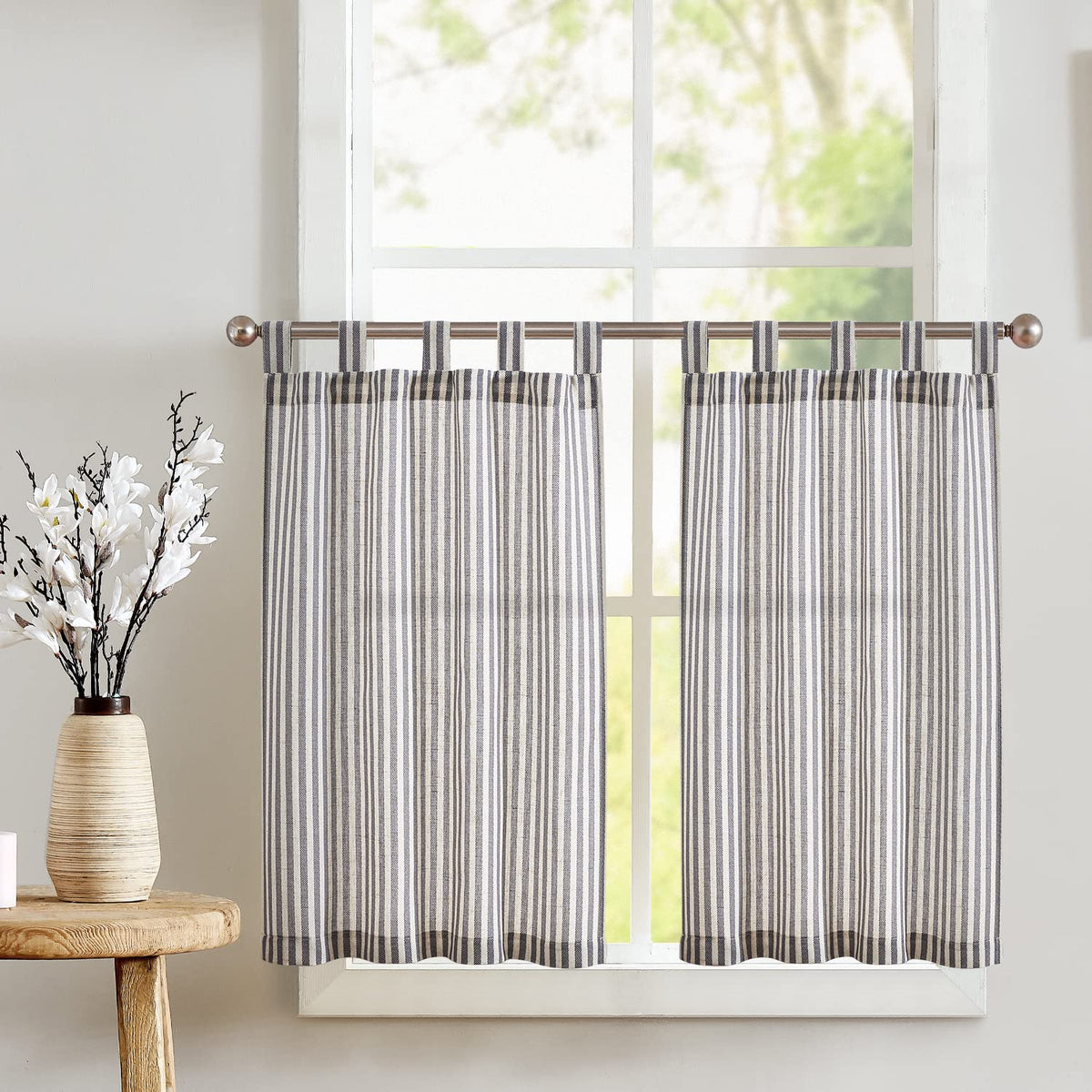 jinchan Striped Linen Kitchen Curtains 36 Inches Length Tier Curtains Farmhouse Modern Cafe Style Small Window Treatments Airy Light Filtering Rod Pocket for Living Room Bathroom 2 Panels Sage Green
