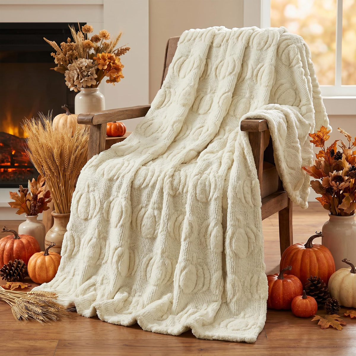 Horaldaily Fall Caramel Orange Pumpkin Faux Fur Throw Blanket 50x60