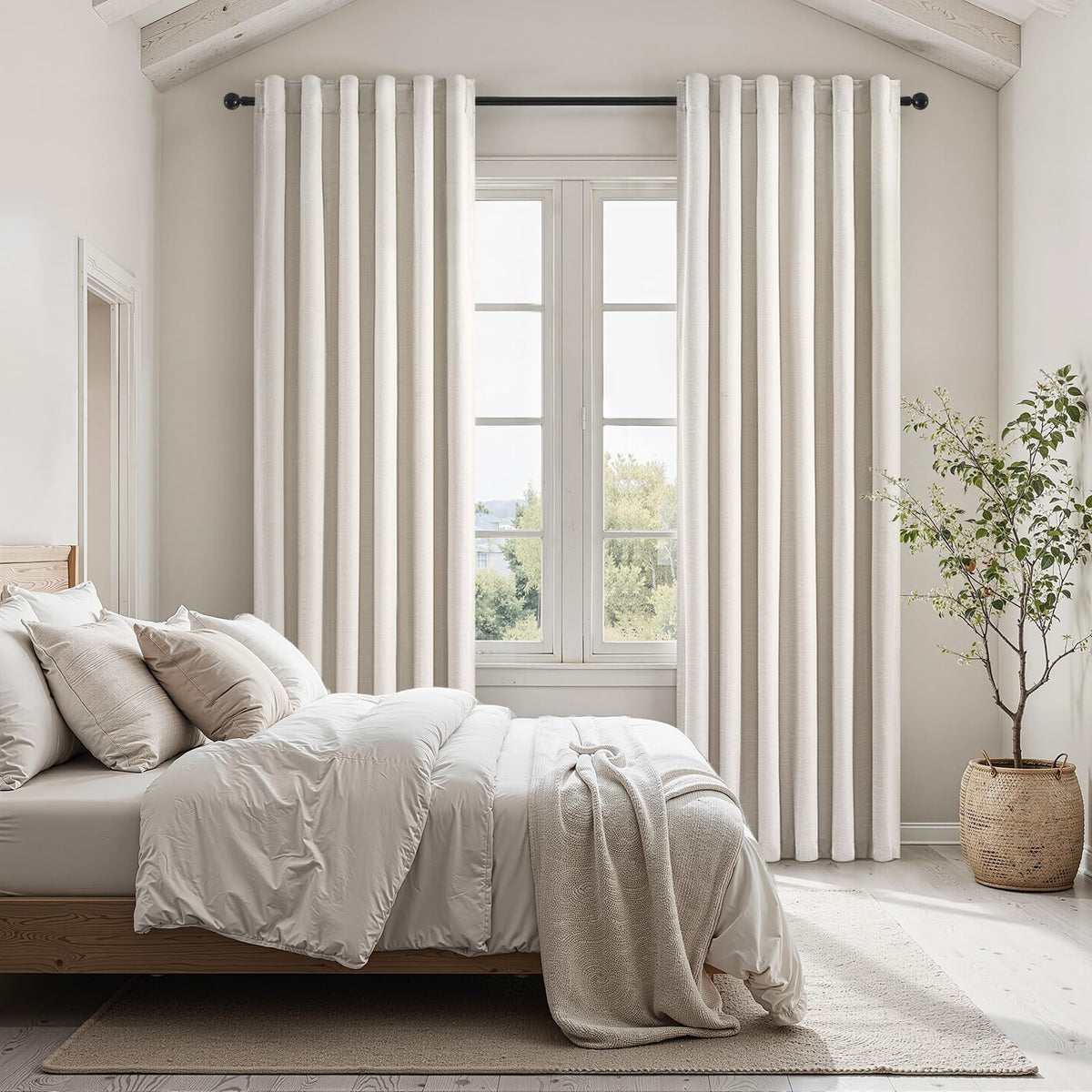 Topfinel Linen Blackout Curtains 96 Inch Long, Boho Farmhouse Ivory Birch Viral Drapes Pinch Pleated Curtains with Hooks for Living Room, Neutral 8 FT Back Tab Bedroom Curtains 52" X 96" 2 Panels