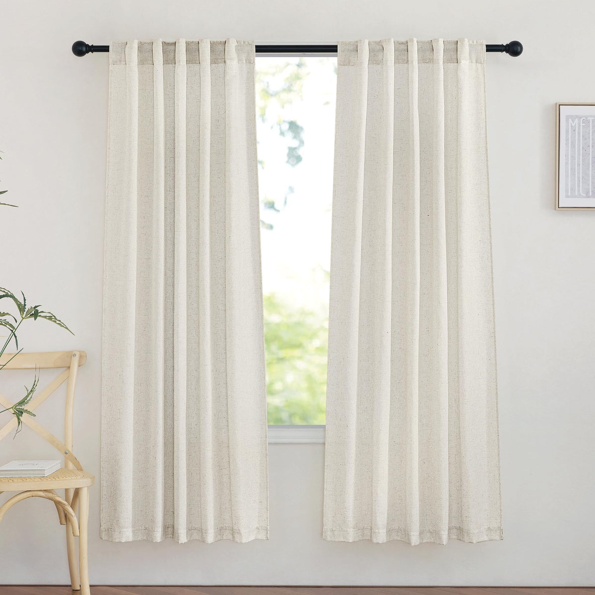 NICETOWN Flax Sheer Linen Curtains for Living Room 95 inch Long 2 Panels, Rod Pocket & Back Tab Semi Sheer Drapes Privacy Added with Light Filtering for Bedroom/Living Room, Natural, W55 x L95