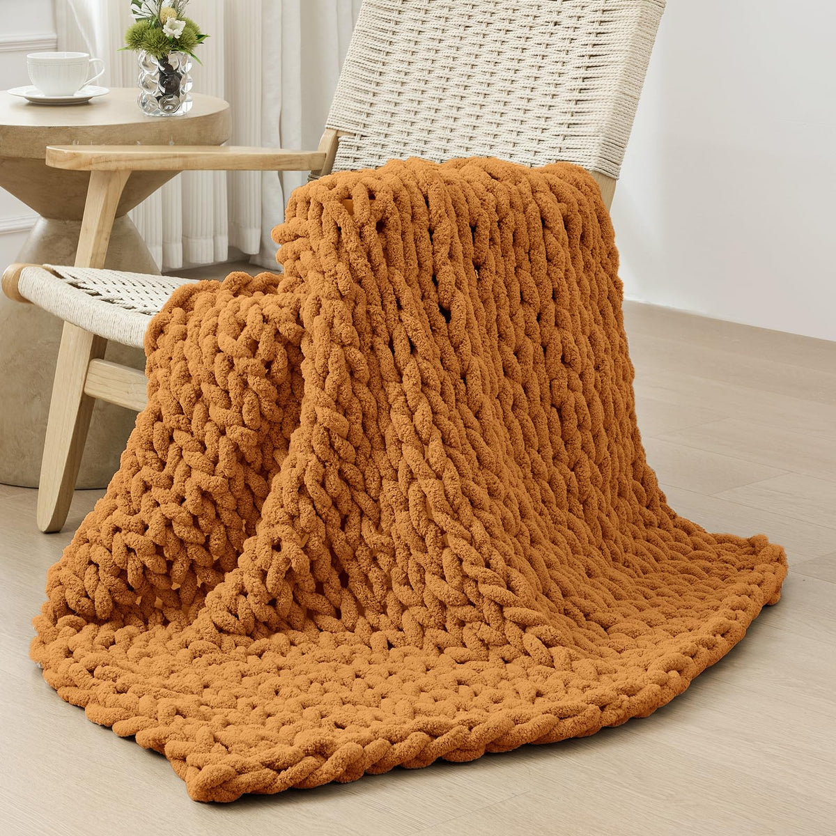 Bigacogo Chunky Knit Throw Blanket for Couch, 40x60 inches, Beige