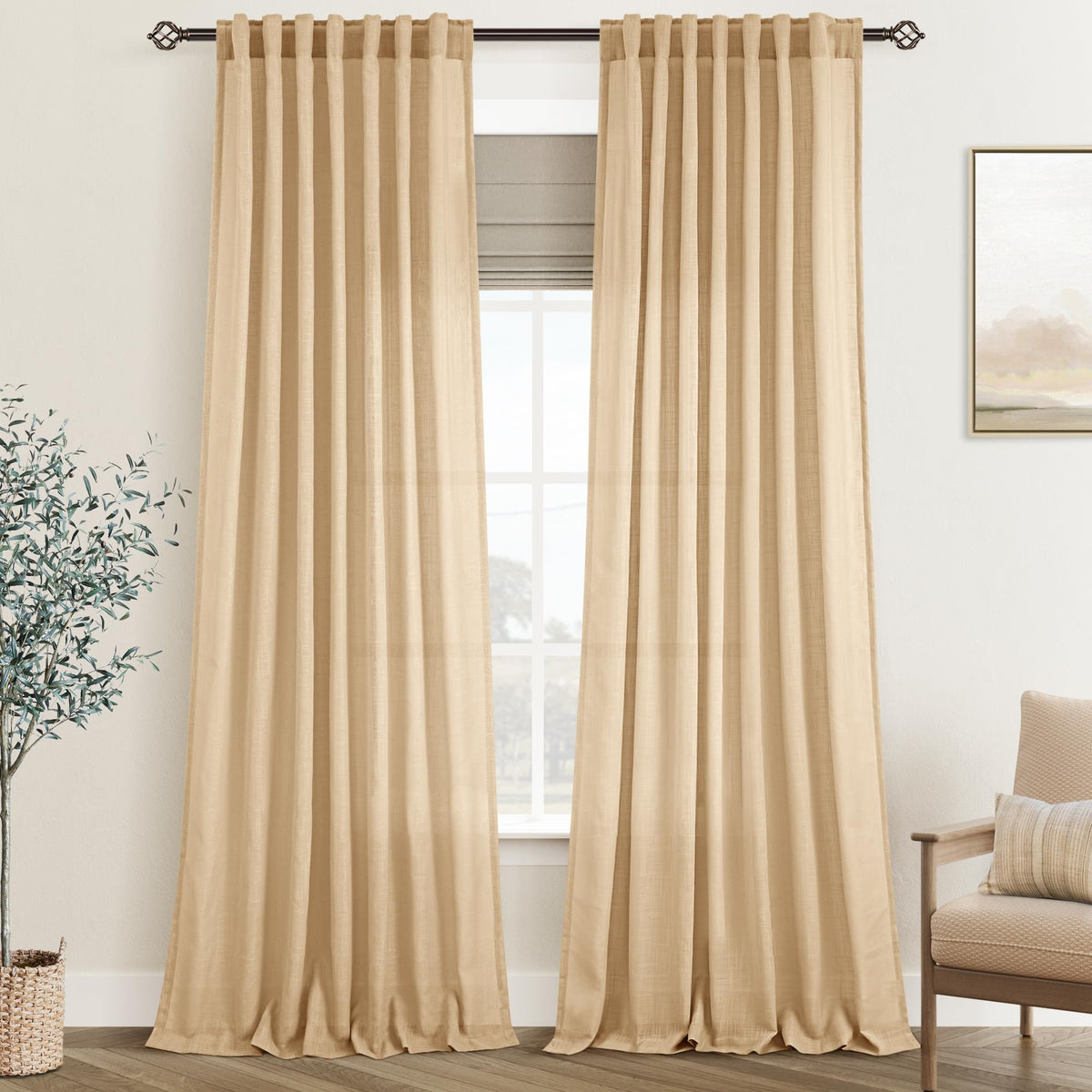 96 inch Long Linen Curtains 2 Panels for Living Room Back Tab Cream Ivory Light Filtering Semi Sheer Curtain 96 inches Long Boho Farmhouse Rustic Linen Drapes Floor to Ceiling Length 8 FT