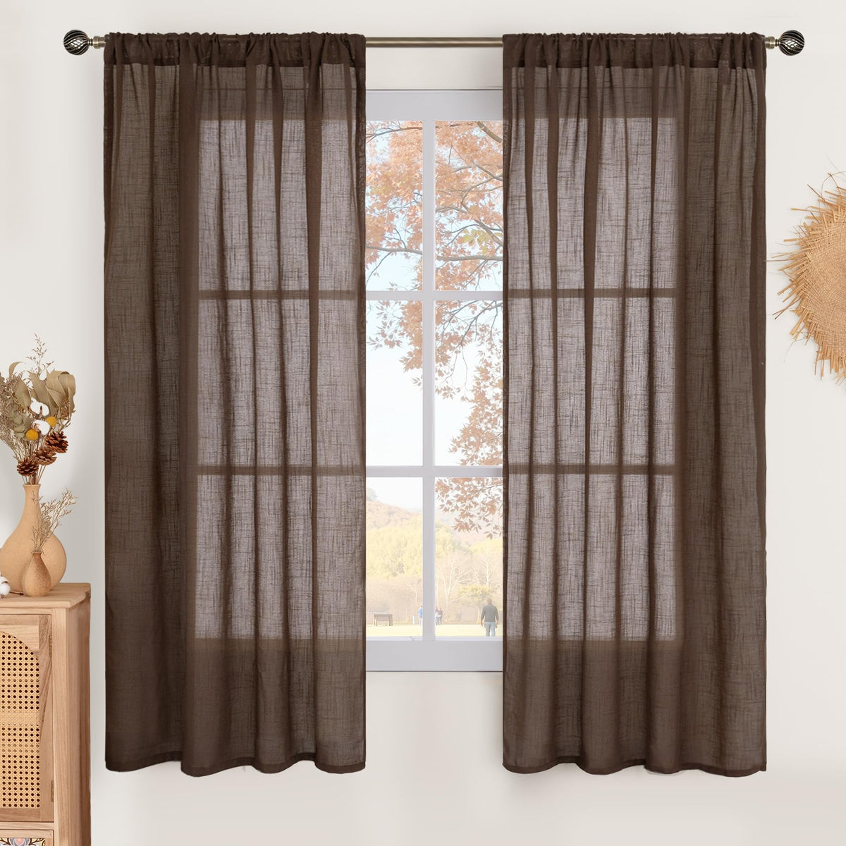 BGment Tan Linen Curtains 84 Inch Length 2 Panels Burlap Semi Sheer Drapes