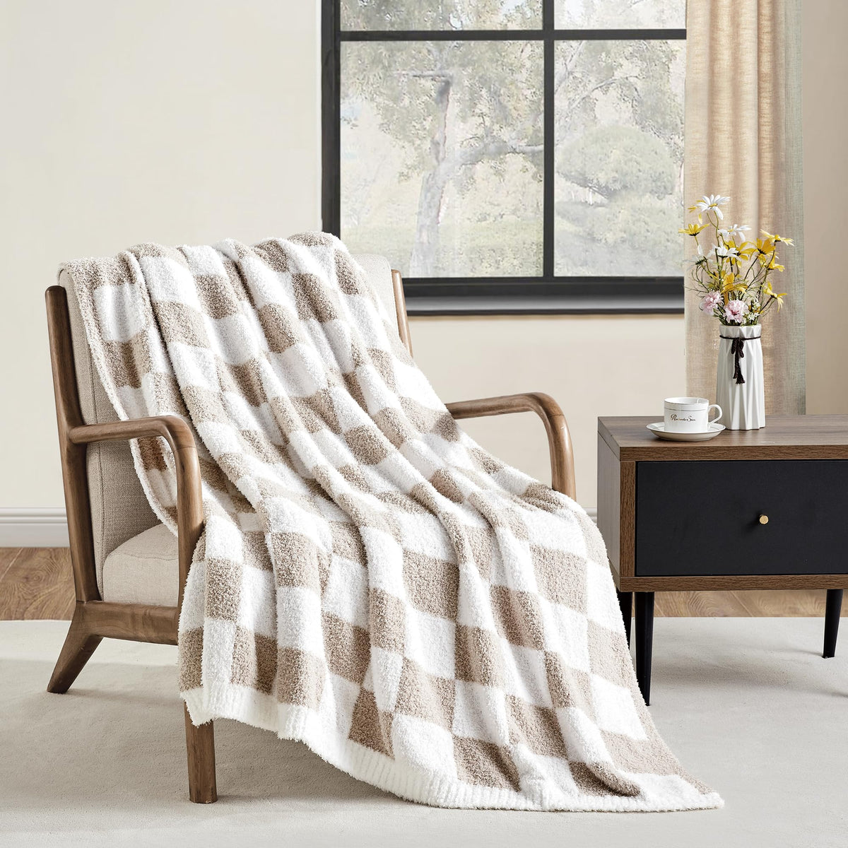 CREVENT Farmhouse Boho Knitted Throw Blanket for Couch Sofa Chair Bed Home Decoration, Soft Warm Cozy Light Weight for Spring Summer Fall (50''X60'' Off White/Ivory/Cream)
