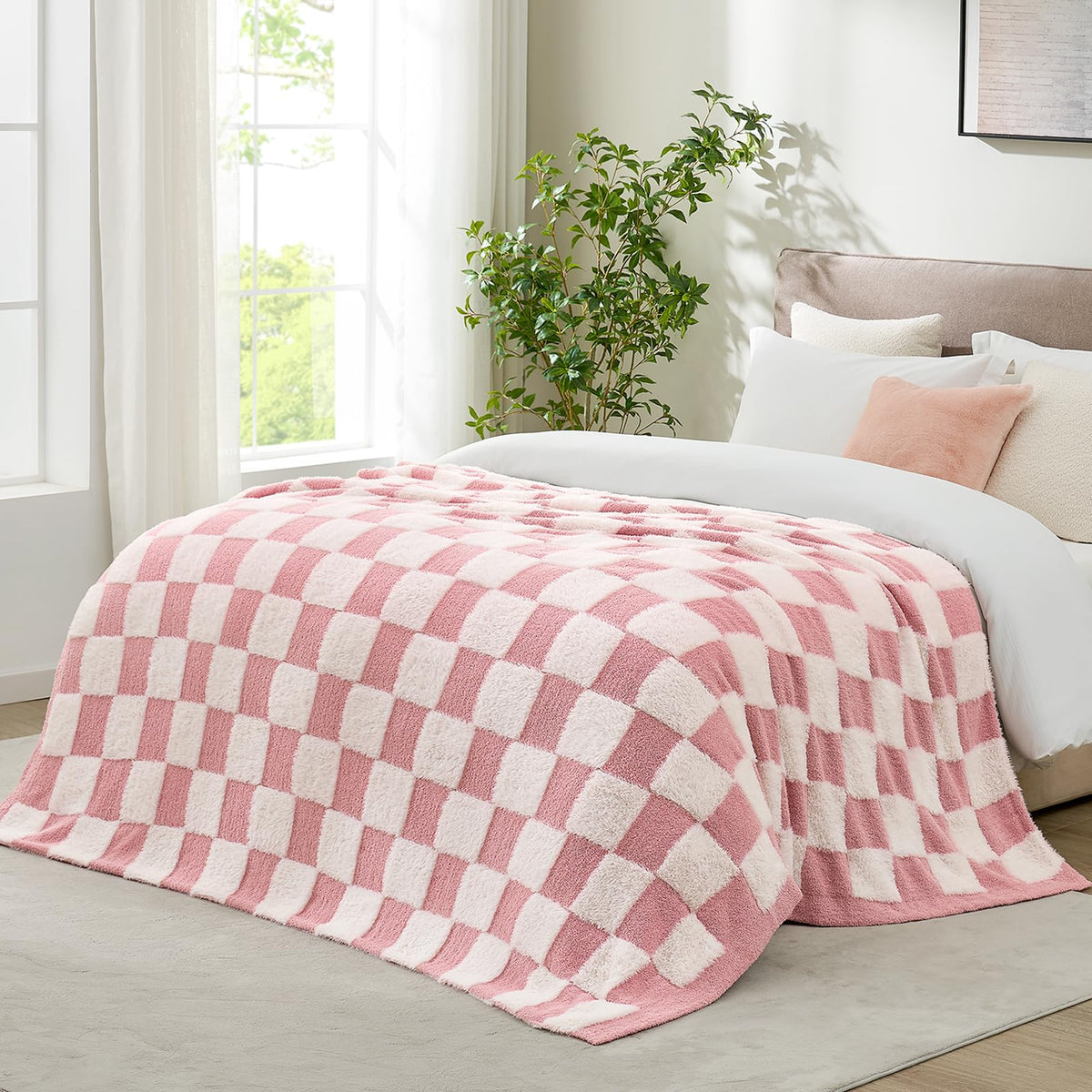 Snuggle Sac Fall Checkered Throw Blanket Faux Fur Microfiber Blankets for Couch,Cozy Soft Warm Blanket for Sofa Bedroom Living Room,Beige Checker,50x60 inches