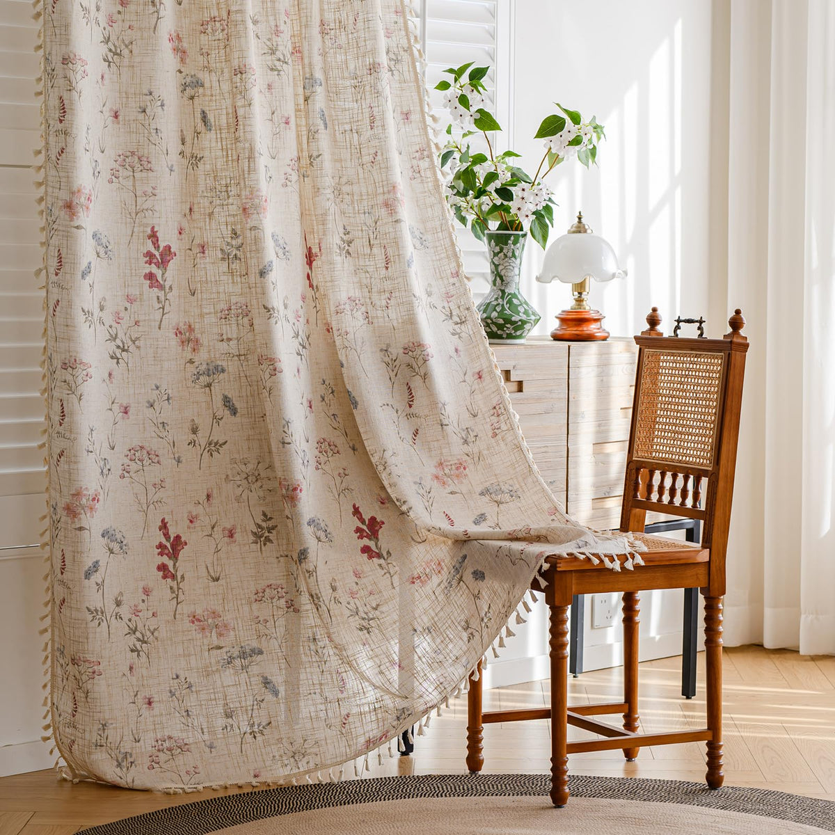 ENJOYBRIDAL Floral Curtains 84 Inch Long Living Room Boho Drapes Bedroom 2 Panels Semi Sheer Floor Length Window Curtain Panels Vintage Rod Pocket Tassel Farmhouse Nursery Window Treatments