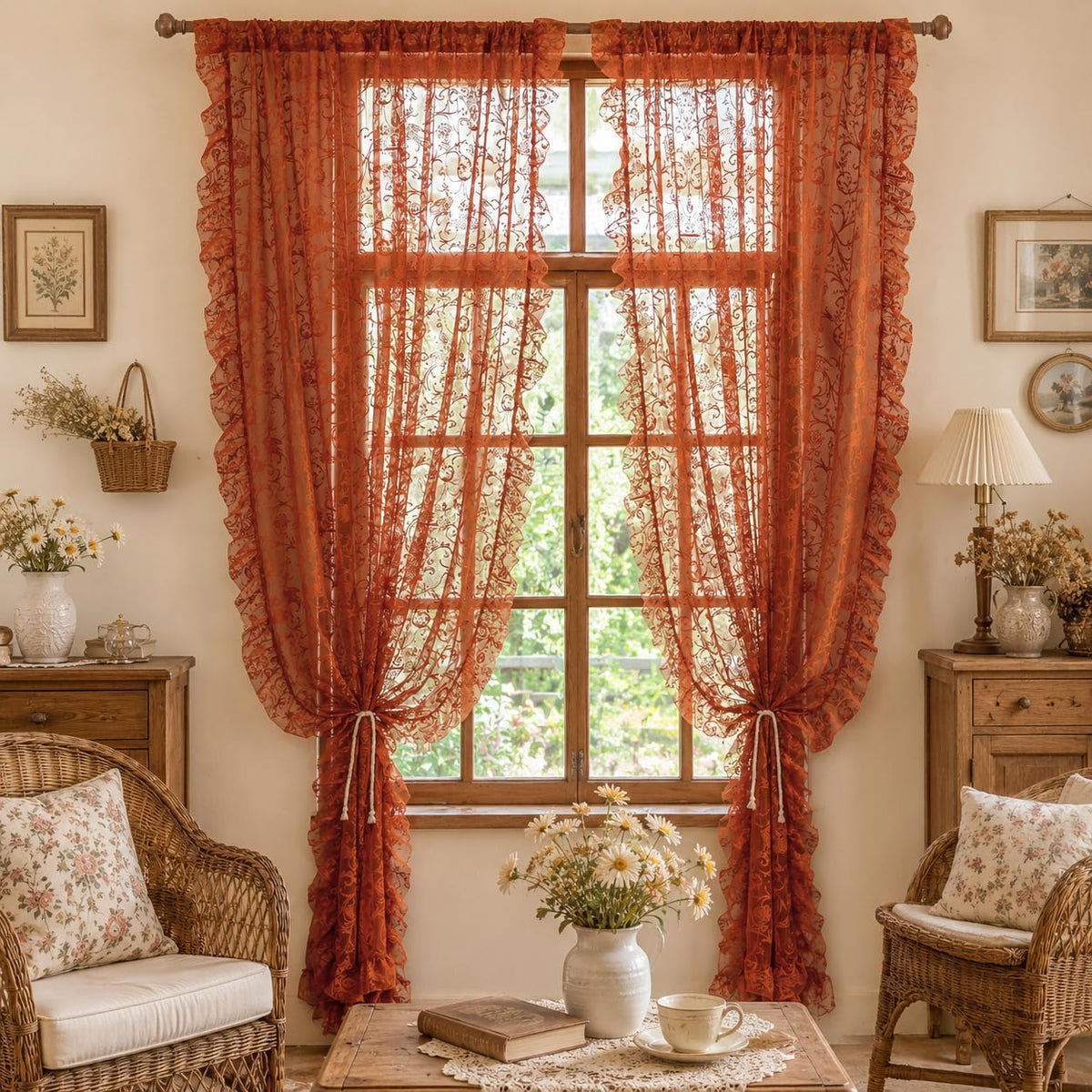 TUDECO Lace Maroon Curtains 96 Inches Long 1 Pair - French Floral Sheer Burgundy Curtains for Living Room, Art Decor Rod Pocket Ruffled Edges Dark Wine Red Drapes, 59 x 96 Inch, Burgundy