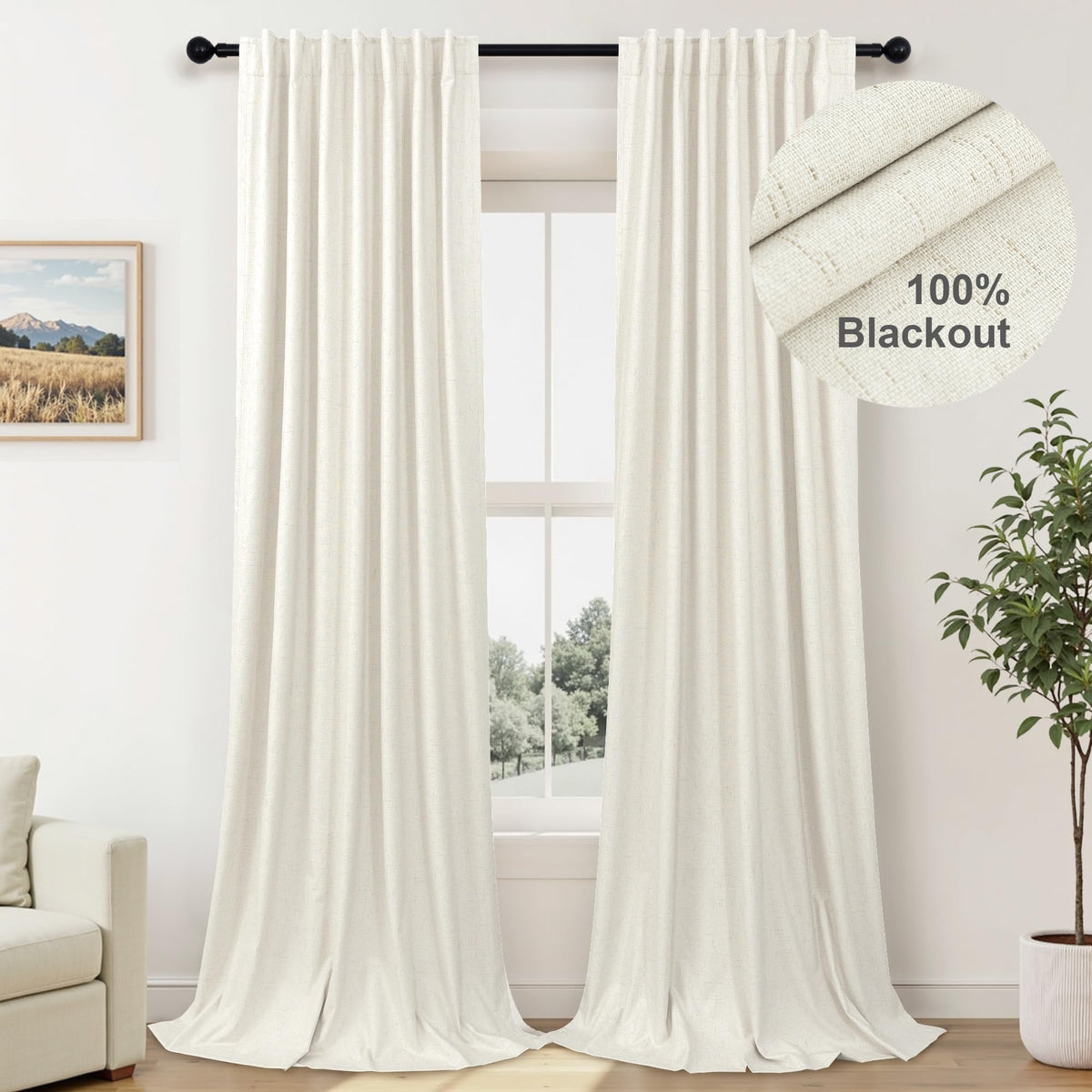 100% Blackout Curtains 84 Inch Length 2 Panels Set Neutral Boho Linen Farmhouse for Bedroom Windows Living Room Darkening Thermal Insulated Drapes Natural Cream Ivory 7ft Long Back Tab Pleated Pocket