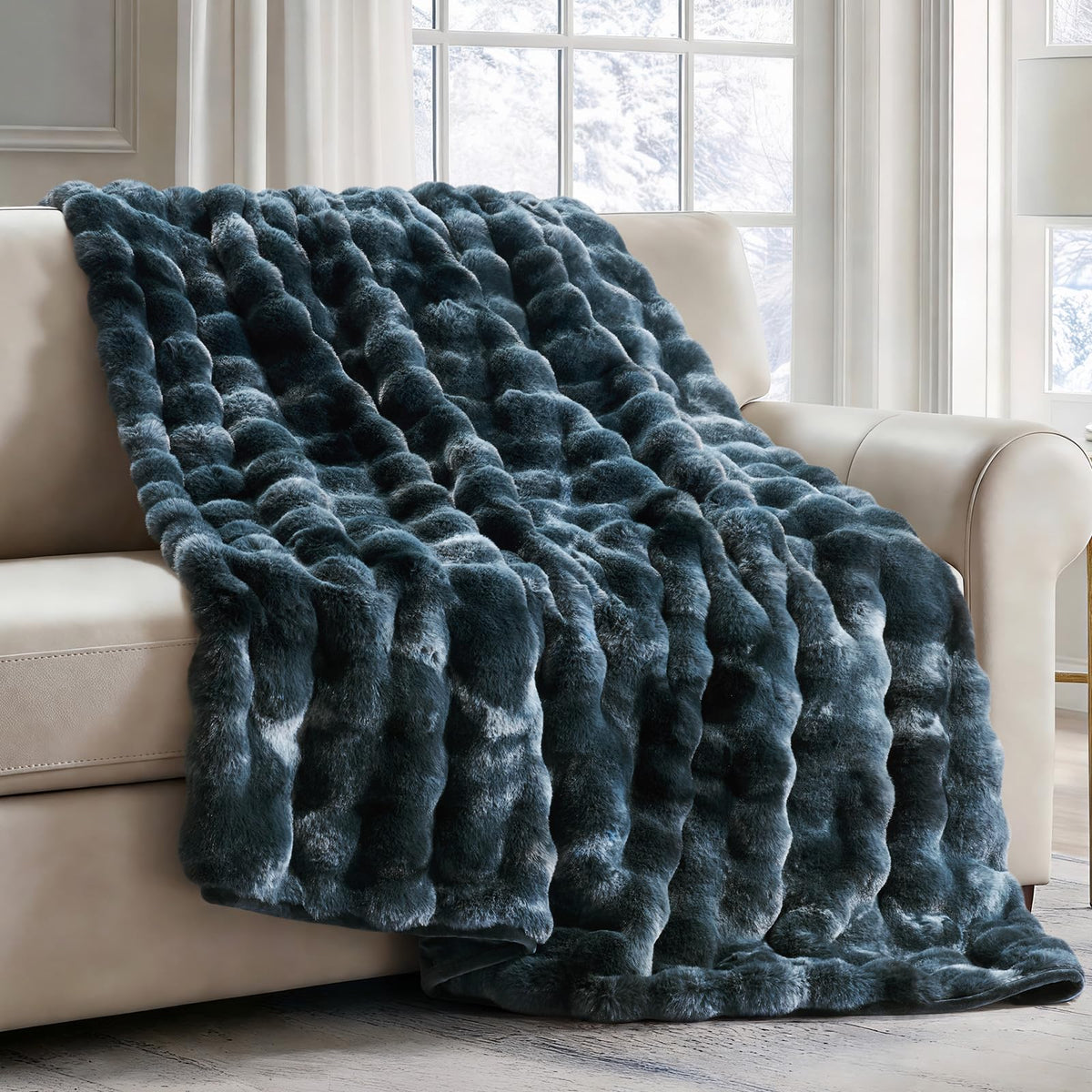 EverGrace Faux Rabbit Fur Bubble Throw Blanket, 60"x80", Ivory White