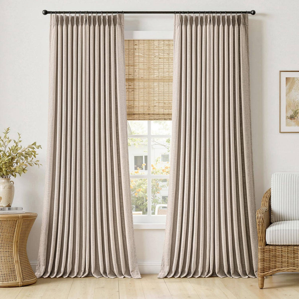 MIULEE Pinch Pleated Linen Curtains 96 Inches Long Beige White 2 Panels