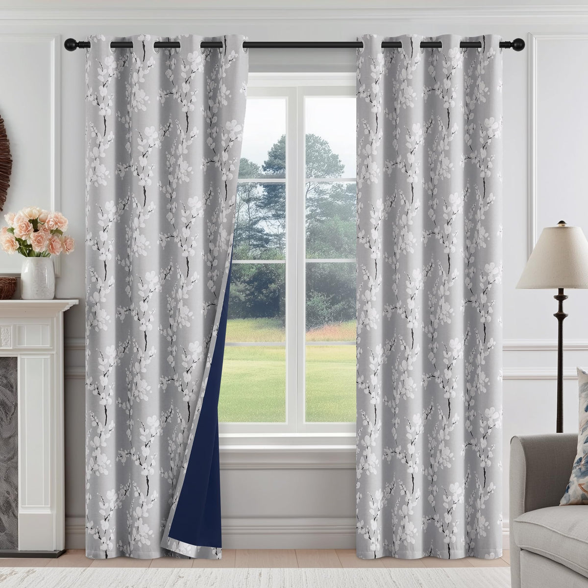 FMFUNCTEX Blue Blackout Floral Curtains, Bedroom, 100X84 Inches, 1 Panel
