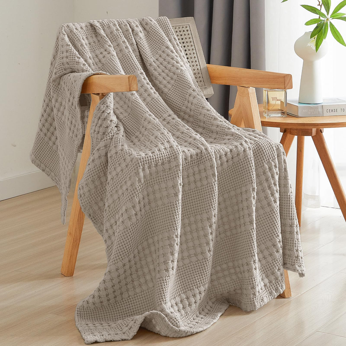 PHF Lightweight 100% Cotton Waffle Throw Blanket for Couch, Light Taupe