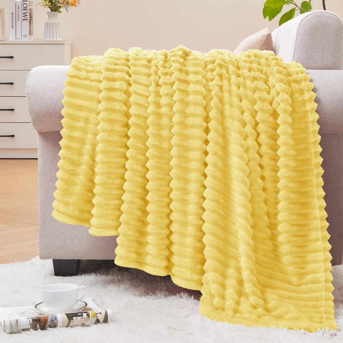 BEDELITE 3D Ribbed Jacquard Pink Fleece Throw Blanket for Couch, 50x60 Inch