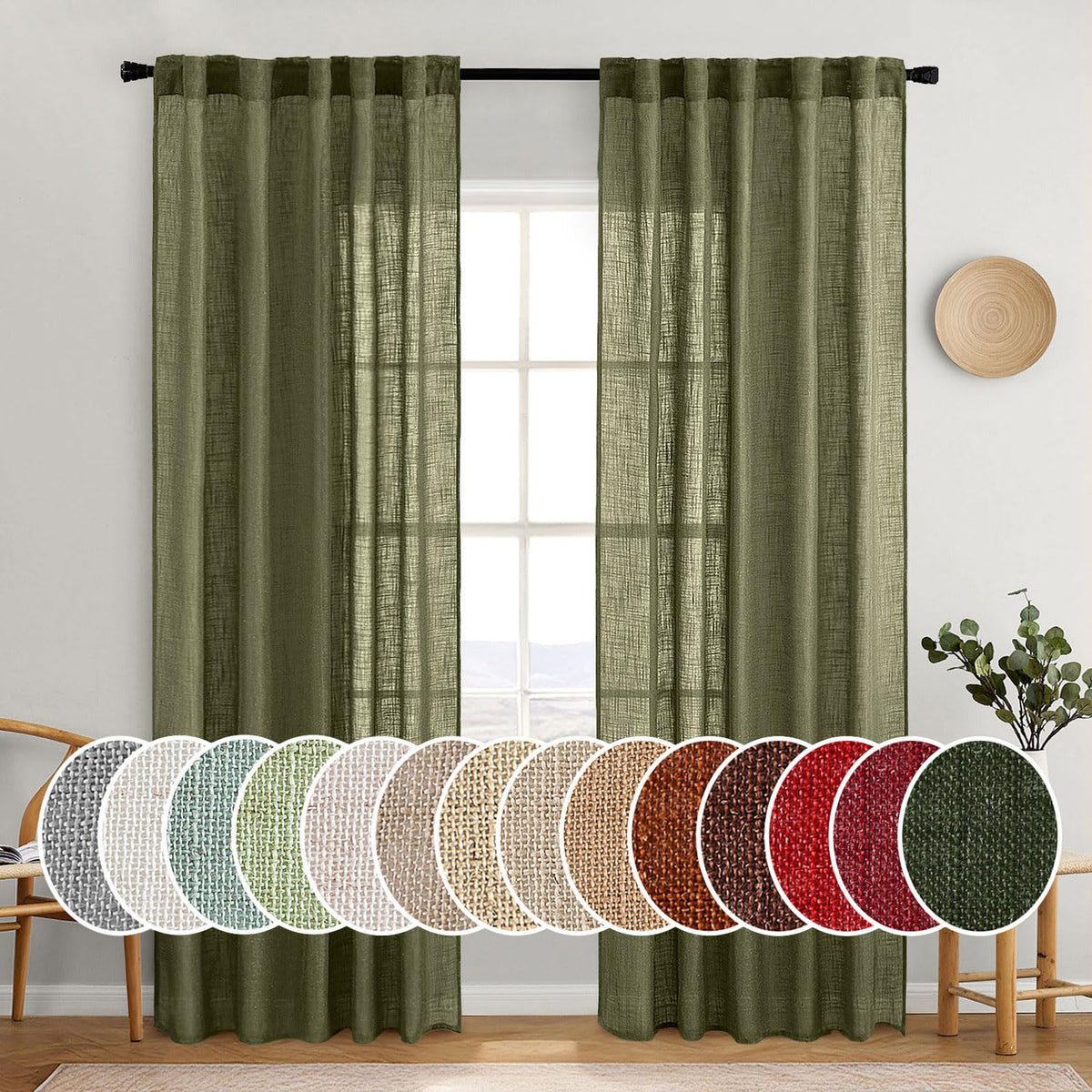 MIULEE Natural White Linen Curtains 52x90 Inch Long 2 Panels for Bedroom