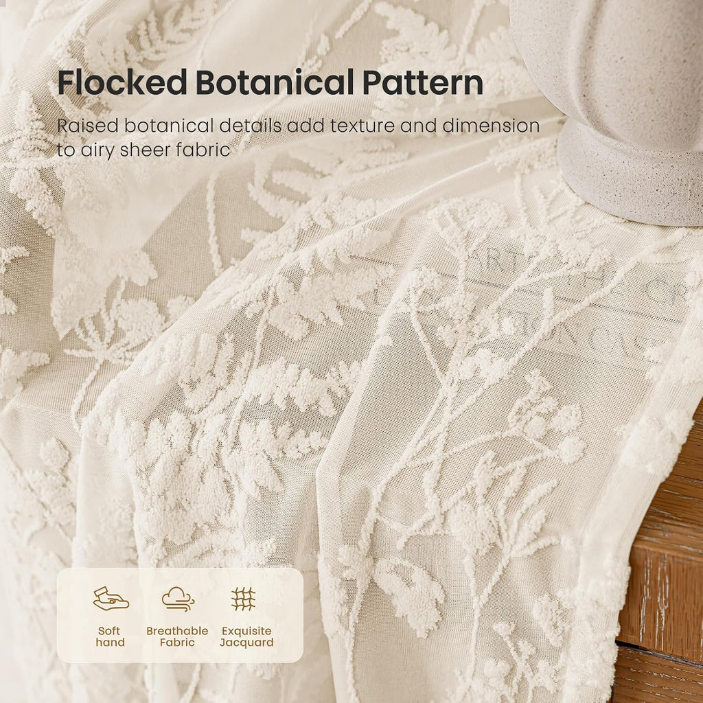 Beige 3D Floral Semi Sheer Curtains, 52W x 84L, 2 Panels