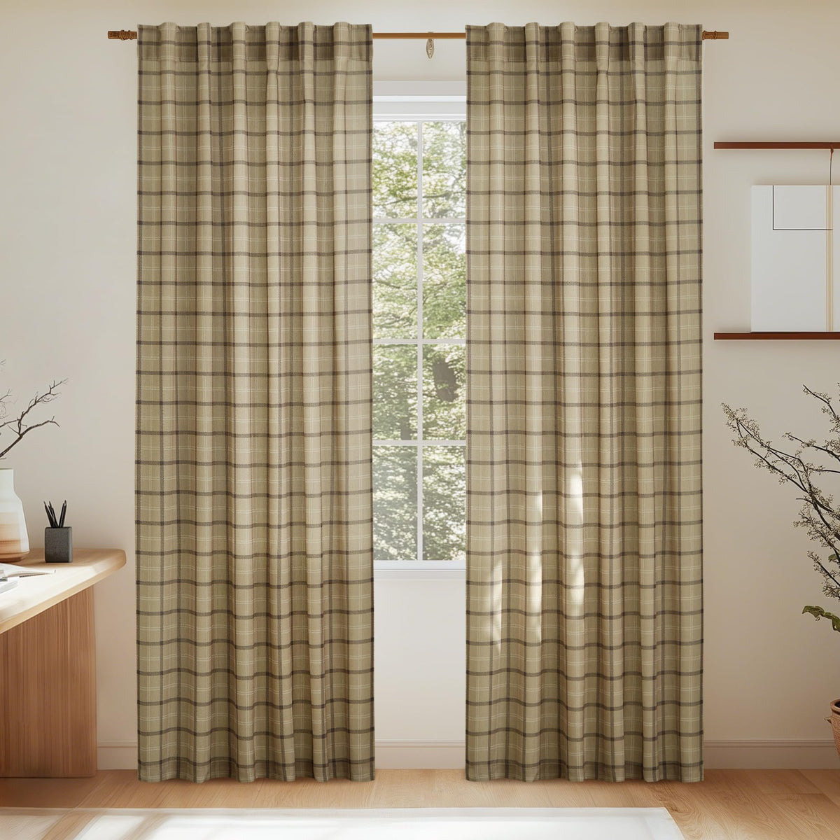 NICETOWN Moss Green Linen Plaid Curtains 96 inches Long for Bedroom