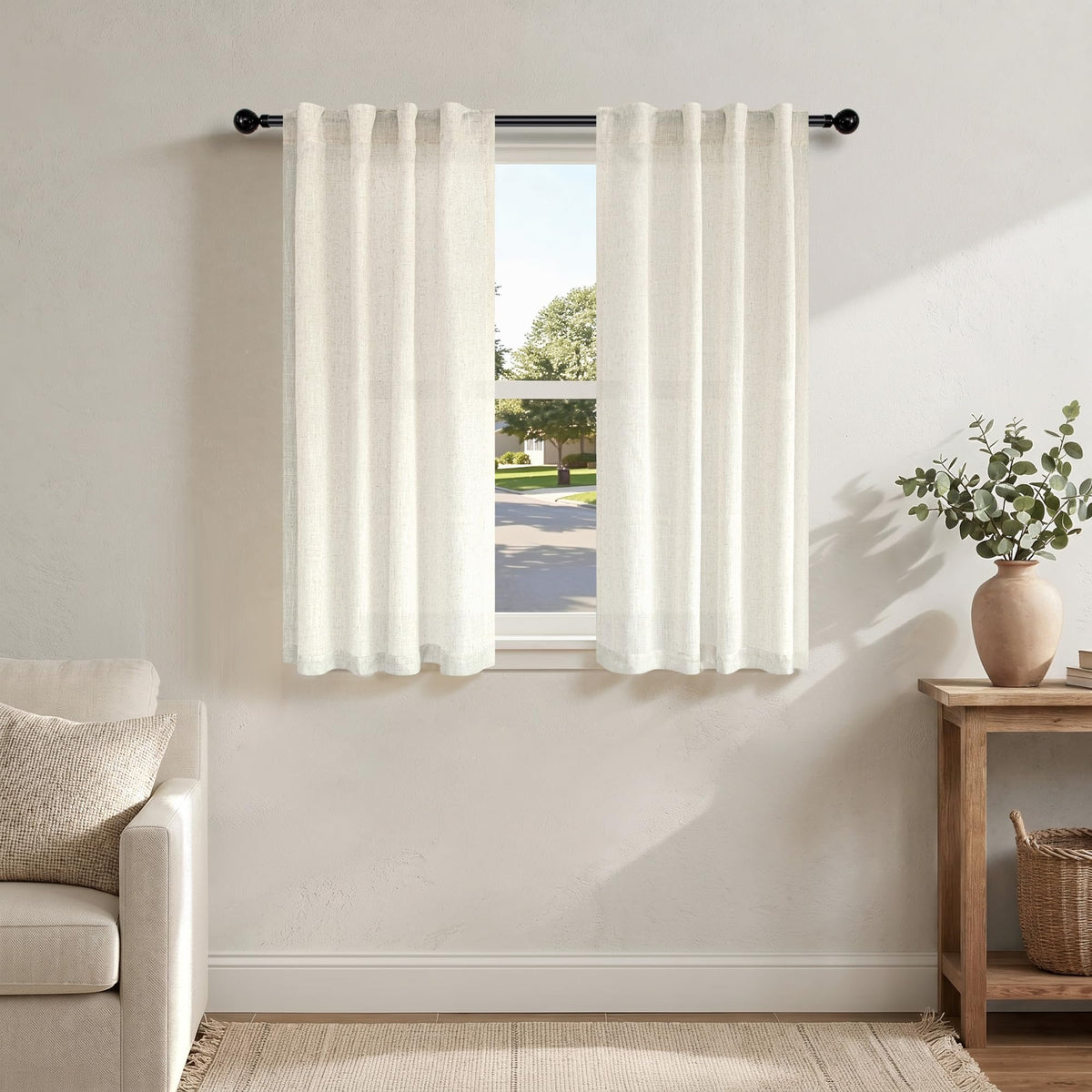 Natural Linen Back Tab Curtains 84 Inch Length for Living Room 2 Panel Pocket Drape Light Filtering Semi Sheer Neutral Country Rustic Farmhouse Boho Curtain Bedroom Muslin Look Ivory Cream Colored