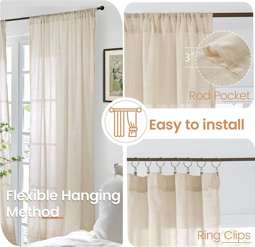 BGment Tan Linen Curtains 84 Inch Length 2 Panels Burlap Semi Sheer Drapes
