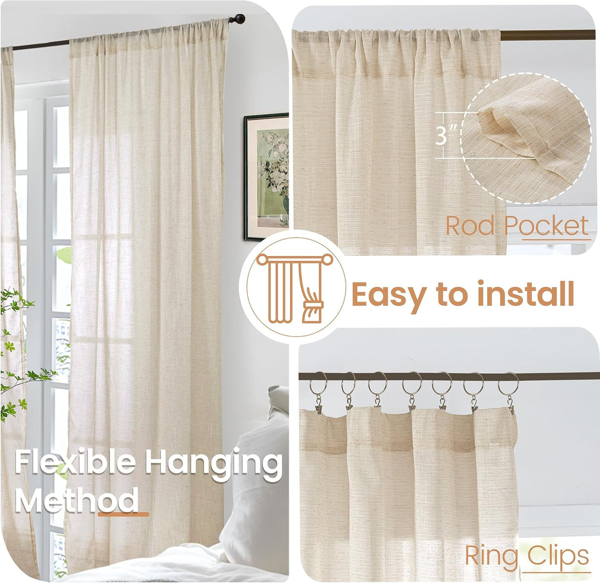 BGment Tan Linen Curtains 84 Inch Length 2 Panels Burlap Semi Sheer Drapes