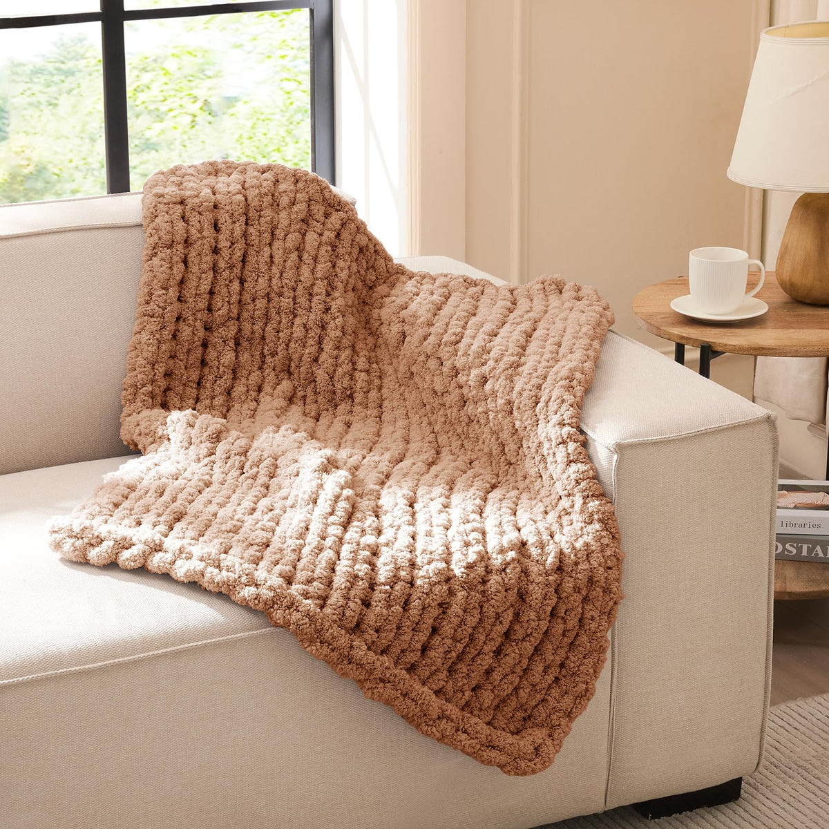 L'AGRATY Chunky Knit Throw Blanket for Couch, 50'' x 60'' Knit Throw, Ivory