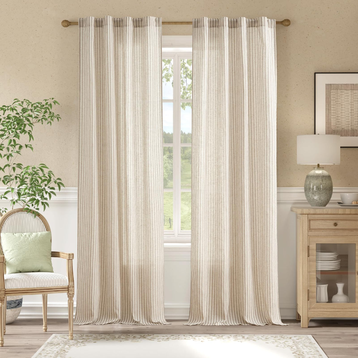 jinchan Linen Curtains 84 Inch Taupe Grey Stripe on Beige Grommet 2 Panels