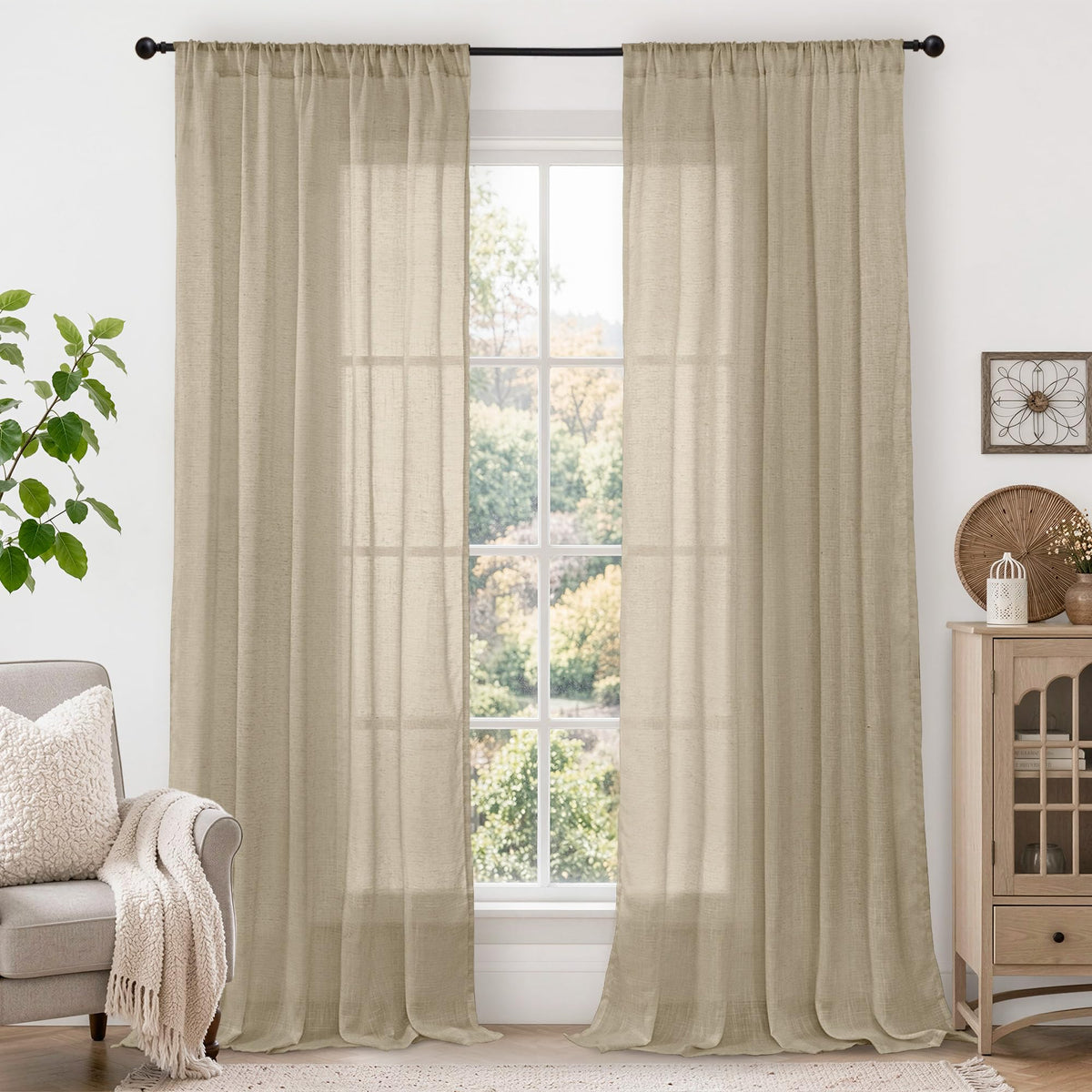 BGment Tan Linen Curtains 84 Inch Length 2 Panels Burlap Semi Sheer Drapes