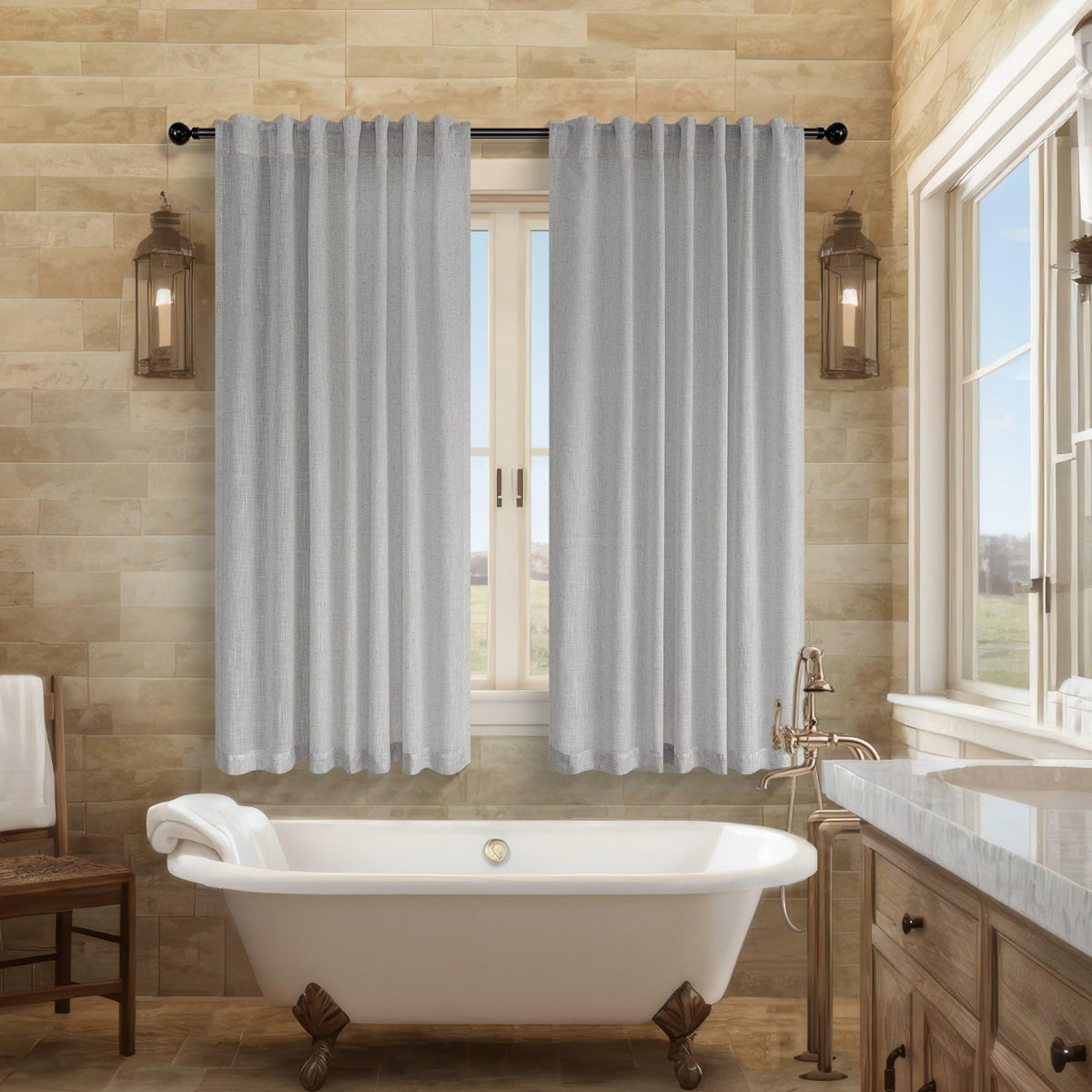 Natural Linen Back Tab Curtains 84 Inch Length for Living Room 2 Panel Pocket Drape Light Filtering Semi Sheer Neutral Country Rustic Farmhouse Boho Curtain Bedroom Muslin Look Ivory Cream Colored