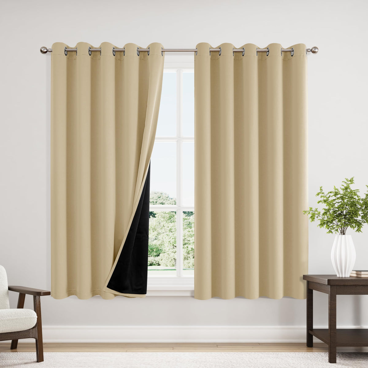 ChrisDowa 100% Blackout Curtains for Bedroom 63 Inch Long with Black Liner