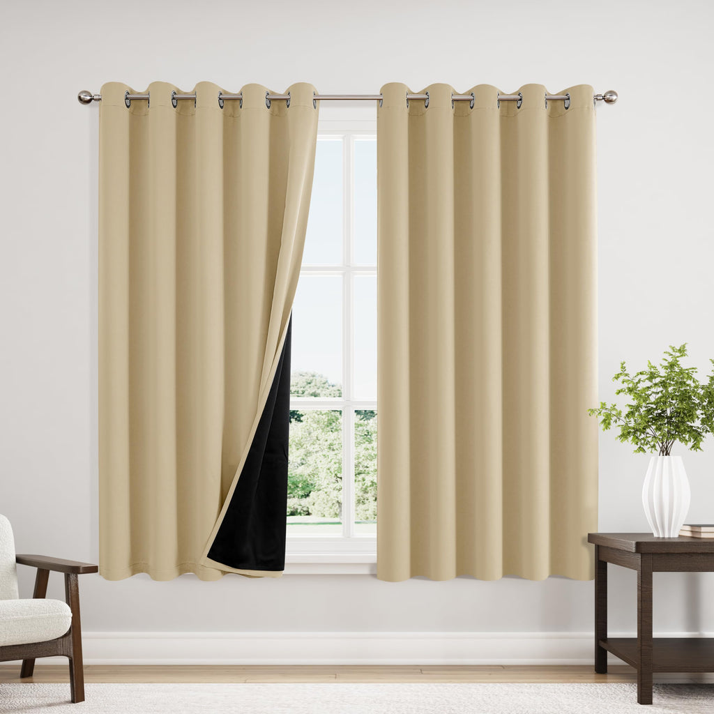 ChrisDowa 100% Blackout Curtains for Bedroom 63 Inch Long with Black Liner