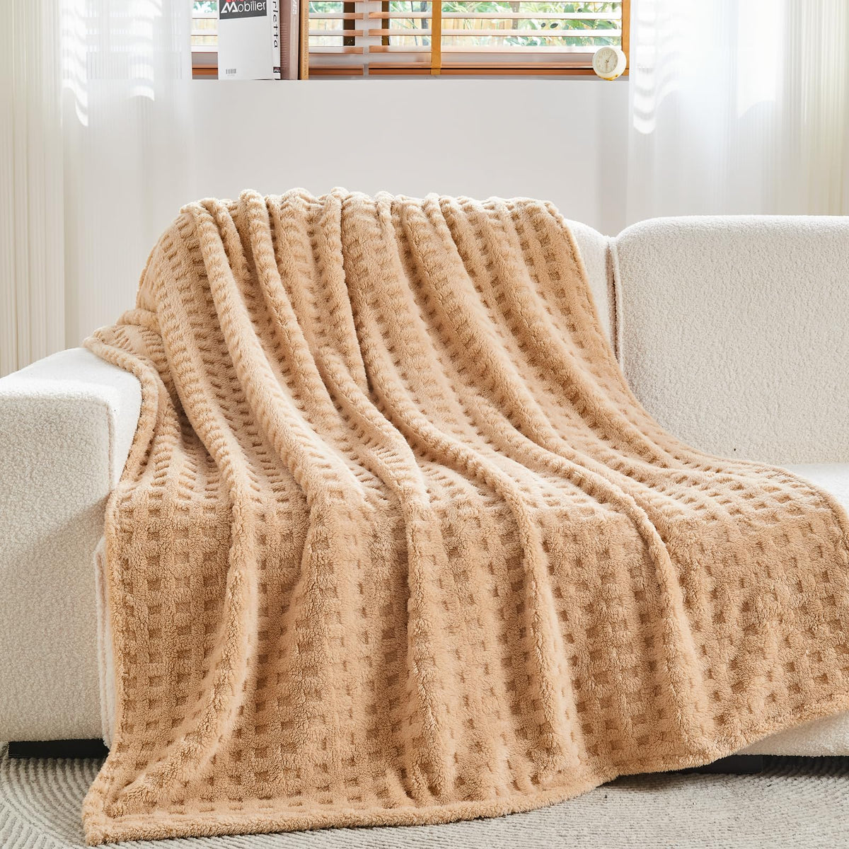 NEWCOSPLAY 3D Checkered Flannel Throw Blanket, Ivory Checkered, 50"x70"