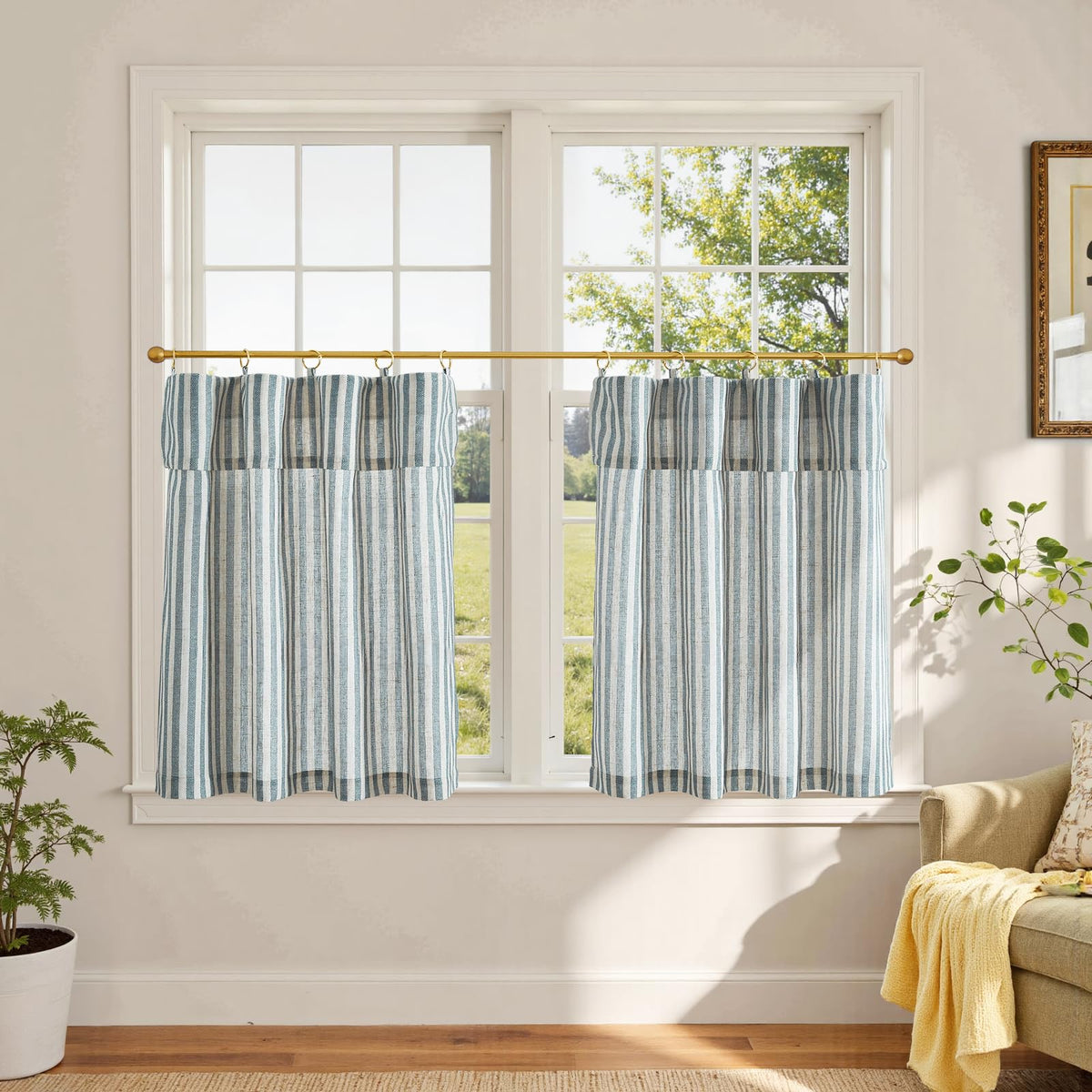 jinchan Striped Linen Kitchen Curtains 36 Inches Length Tier Curtains Farmhouse Modern Cafe Style Small Window Treatments Airy Light Filtering Rod Pocket for Living Room Bathroom 2 Panels Sage Green