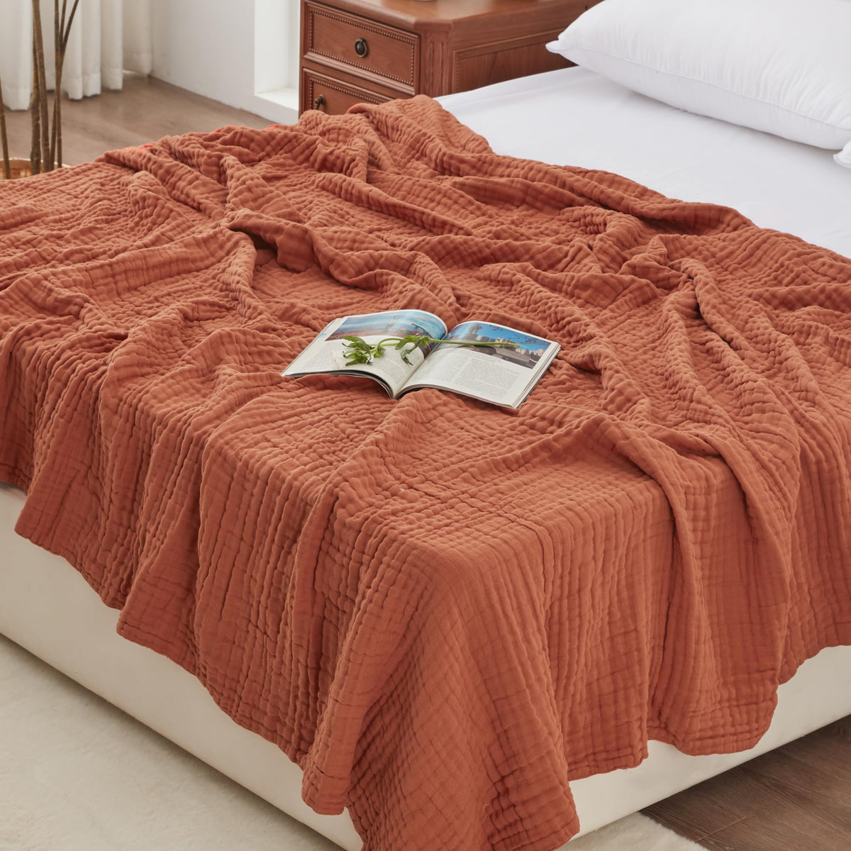 Love's cabin 100% Cotton Muslin Blanket, 6 Layer Lightweight Breathable Gauze Throw Blanket 50 x 60 Inches, Soft All Season Blanket for Couch, Bed, Sofa, Beige