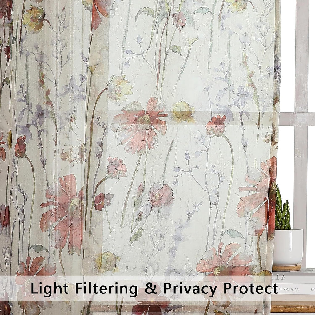 OWENIE Crushed Sheer Curtains 84 Inch Length 2 Panels Set, Sheer Floral Curtains Printed Drapes on Sheers for Living Room, Rod Pocket Light Filtering Window Sheers (2 Panels, 42" x 84")