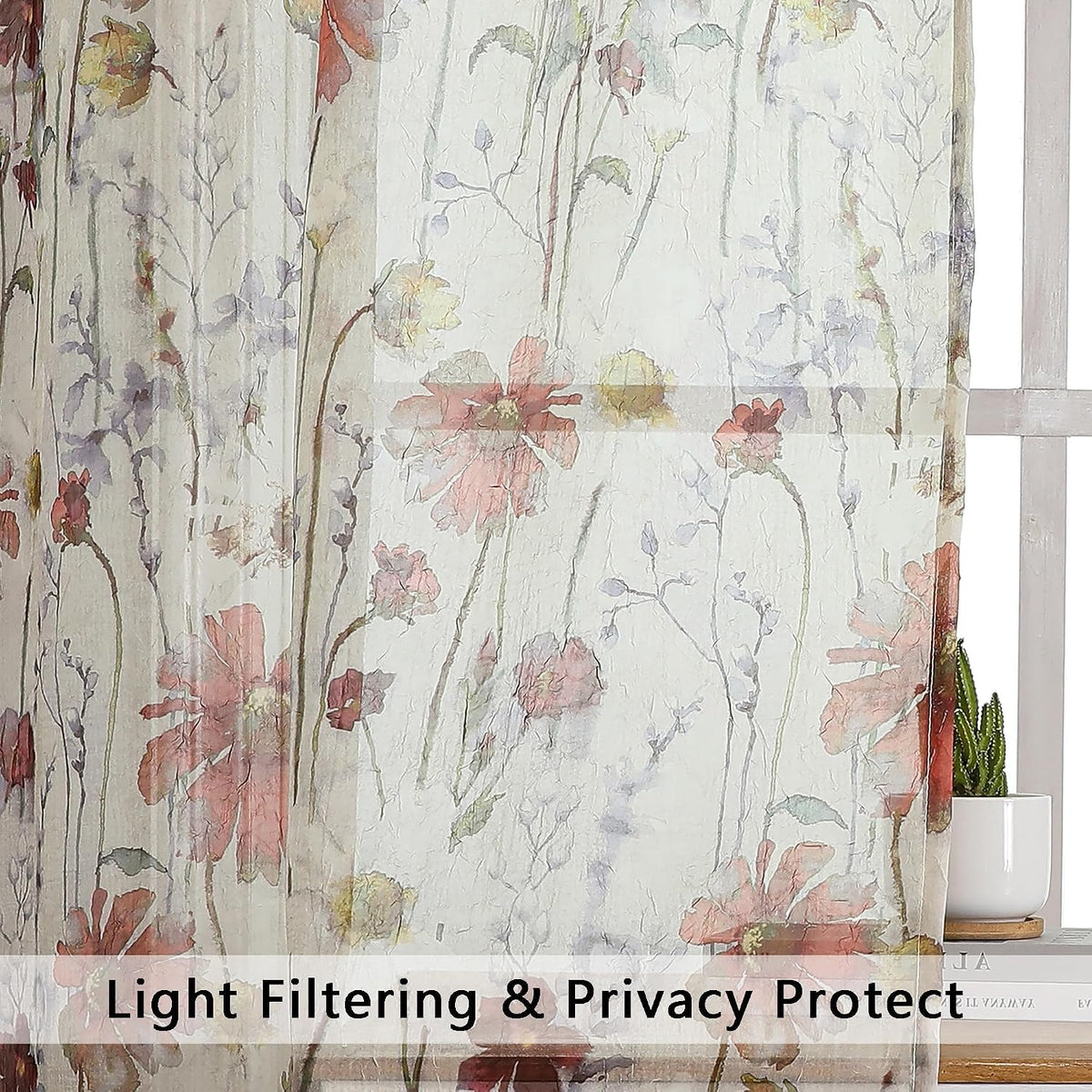 OWENIE Crushed Sheer Curtains 84 Inch Length 2 Panels Set, Sheer Floral Curtains Printed Drapes on Sheers for Living Room, Rod Pocket Light Filtering Window Sheers (2 Panels, 42" x 84")